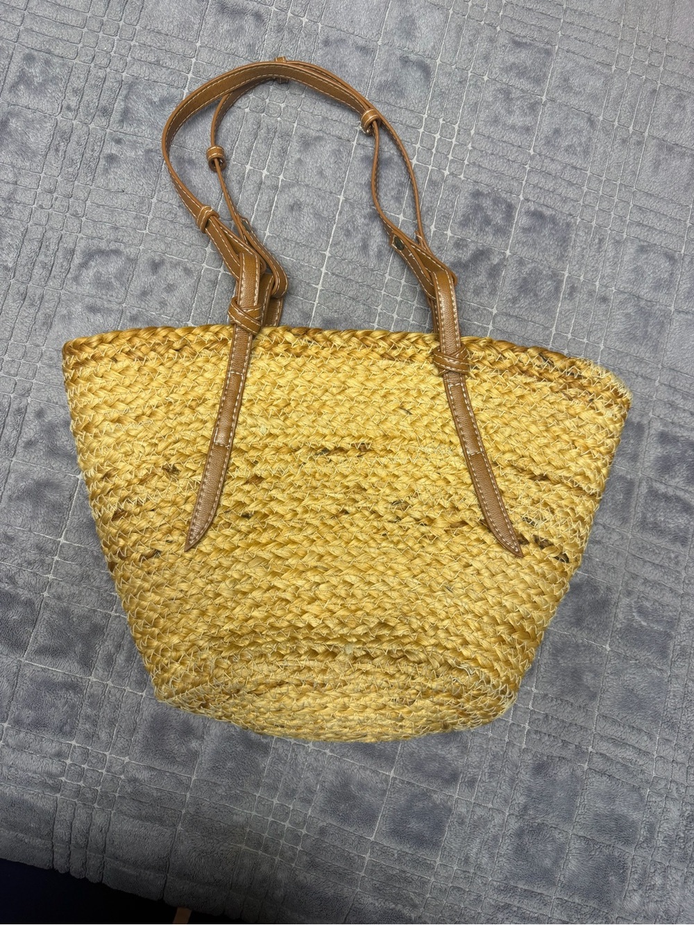 Zara Yellow Woven Straw Tote with Tan Leather Straps